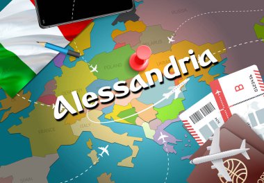 Alessandria şehir seyahat ve Turizm hedef kavramı. İtalya bayrağı ve Alessandria şehir haritası üzerindeki. İtalya kavramı harita arka plan seyahat. Bilet uçak ve Alessandria tatil İtalyan vacatio için uçuşlar
