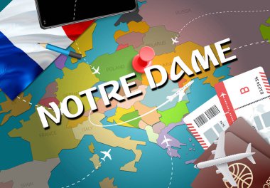 Notre Dame şehir seyahat ve Turizm hedef kavramı. Fransa bayrağı ve Notre Dame şehir haritası üzerindeki. Fransa seyahat kavramı harita arka plan. Bilet uçak ve Notre Dame tatil Fransız vacatio için uçuşlar