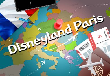 Disneyland Paris şehir seyahat ve Turizm hedef kavramı. Fransa bayrağı ve Disneyland Paris şehri harita üzerinde. Fransa seyahat kavramı harita arka plan. Bilet uçak ve Disneyland Paris tatil Fransız vacatio için uçuşlar