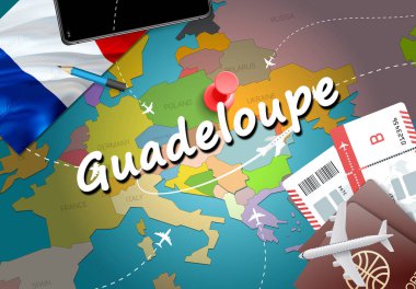 Guadeloupe şehir seyahat ve Turizm hedef kavramı. Fransa bayrağı ve harita üzerinde Guadeloupe şehir. Fransa seyahat kavramı harita arka plan. Bilet uçak ve Guadeloupe tatil Fransız vacatio için uçuşlar