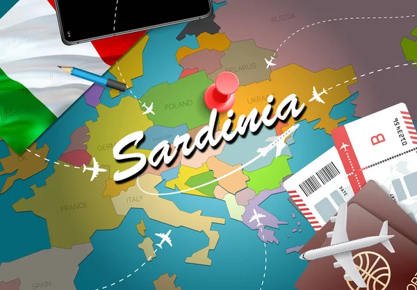 Sardinia city travel and tourism destination concept. Italy flag and Sardinia city on map. Italy travel concept map background. Tickets Planes and flights to Sardinia holidays Italian vacatio
