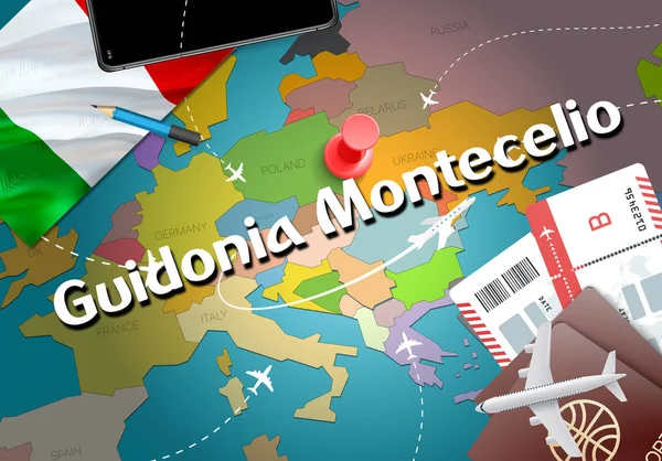 Guidonia Montecelio şehir seyahat ve Turizm hedef kavramı. İtalya bayrağı ve Guidonia Montecelio şehir haritası üzerindeki. İtalya kavramı harita arka plan seyahat. Bilet uçak ve Guidonia Montecelio tatil İtalyan vacatio için uçuşlar