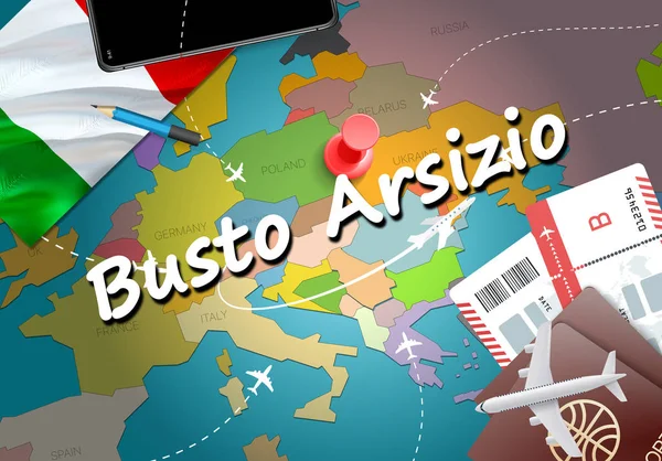 Busto Arsizio şehir seyahat ve Turizm hedef kavramı. İtalya bayrağı ve Busto Arsizio şehir haritası üzerindeki. İtalya kavramı harita arka plan seyahat. Bilet uçak ve Busto Arsizio tatil İtalyan vacatio için uçuşlar