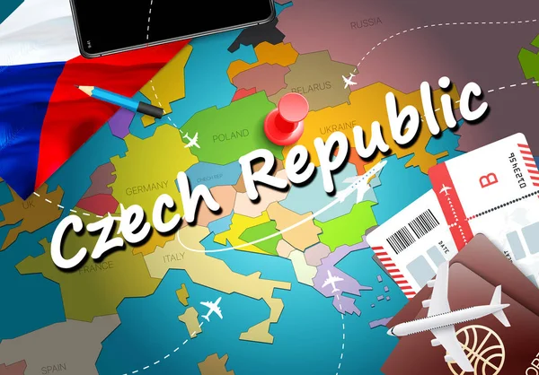 Czech Republic travel concept map background with planes, tickets. Visit Czech Republic travel and tourism destination concept. Czech Republic flag on map. Planes and flights to Prague holidays to Karlovy Vary