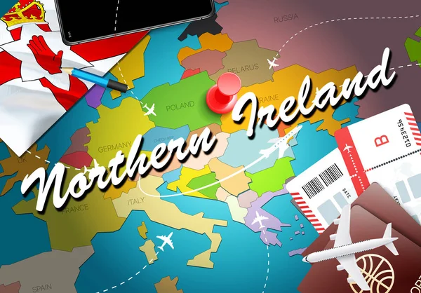 Northern Ireland travel concept map background with planes, tickets. Visit Northern Ireland travel and tourism destination concept. Northern Ireland flag on map. Planes and flights to Belfast holidays to Derry,Lisbur