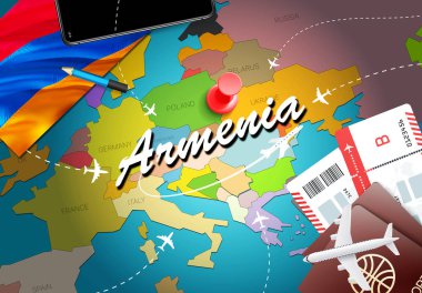 Ermenistan Seyahat kavramı harita arka plan ile uçak biletleri. Ermenistan Seyahat ve Turizm hedef kavramı ziyaret edin. Ermenistan bayrağı harita üzerinde. Uçak ve Erevan, Gumr için Ermeni tatil için uçuşlar