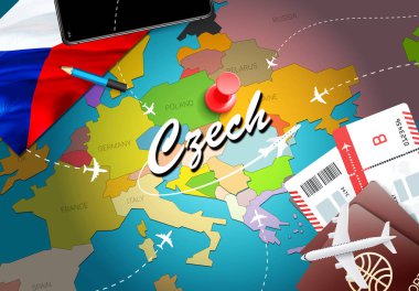Çek kavramı harita arka plan uçak biletleri ile seyahat. Çek seyahat ve Turizm hedef kavramı ziyaret edin. Çek bayrak harita üzerinde. Uçak ve Karlovy Vary için Prag tatil için uçuşlar