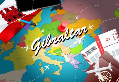 Gibraltar seyahat kavramı harita arka plan ile uçak biletleri. Gibraltar seyahat ve Turizm hedef kavramı ziyaret edin. Gibraltar bayrak harita üzerinde. Uçak ve uçuşlar 