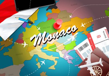 Monaco seyahat kavramı harita arka plan ile uçak biletleri. Monaco seyahat ve Turizm hedef kavramı ziyaret edin. Monaco bayrağı harita üzerinde. Uçak ve Valletta, Cottoner için Monacan tatil için uçuşlar