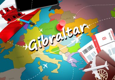 Gibraltar seyahat kavramı harita arka plan ile uçak biletleri. Gibraltar seyahat ve Turizm hedef kavramı ziyaret edin. Gibraltar bayrak harita üzerinde. Uçak ve uçuşlar 