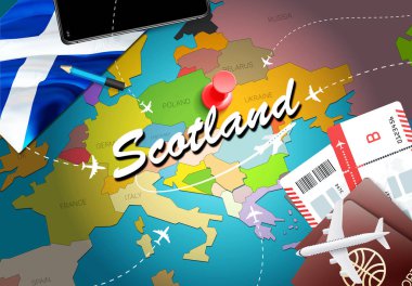 İskoçya Seyahat kavramı harita arka plan ile uçak biletleri. İskoçya seyahat ve Turizm hedef kavramı ziyaret edin. İskoçya bayrak harita üzerinde. Uçak ve Glasgow, Edinburg İskoç tatil için uçuşlar