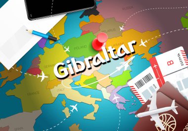 Gibraltar seyahat kavramı harita arka plan ile uçak biletleri. Gibraltar seyahat ve Turizm hedef kavramı ziyaret edin. Gibraltar bayrak harita üzerinde. Uçak ve uçuşlar 