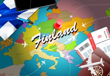 Finlandiya Seyahat kavramı harita arka plan ile uçak biletleri. Finlandiya Seyahat ve Turizm hedef kavramı ziyaret edin. Finlandiya bayrak harita üzerinde. Uçak ve Helsinki, Vanta için Fin tatil için uçuşlar