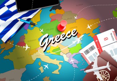 Yunanistan Seyahat kavramı harita arka plan ile uçak biletleri. Yunanistan Seyahat ve Turizm hedef kavramı ziyaret edin. Yunanistan bayrak harita üzerinde. Uçak ve Atina'ya, Thessalonik Yunan tatil için uçuşlar