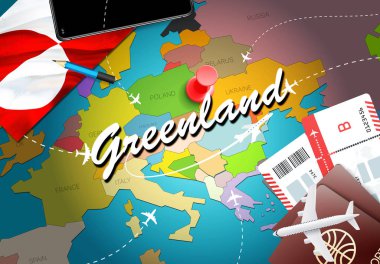 Greenland seyahat kavramı harita arka plan ile uçak biletleri. Greenland seyahat ve Turizm hedef kavramı ziyaret edin. Grönland bayrak harita üzerinde. Uçak ve Sisimiut, Ilulissa Nuuk tatil için uçuşlar