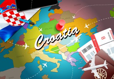 Hırvatistan seyahat kavramı harita arka plan ile uçak biletleri. Hırvatistan seyahat ve Turizm hedef kavramı ziyaret edin. Hırvatistan bayrağı harita üzerinde. Uçak ve Zagreb, bölünmüş için Hırvat tatil için uçuşlar