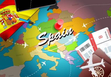 İspanya seyahat kavramı harita arka plan ile uçak biletleri. İspanya seyahat ve Turizm hedef kavramı ziyaret edin. Harita İspanya bayrağı. Uçak ve Madrid, Valenci İspanyol tatil için uçuşlar