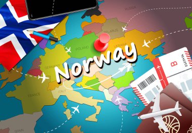 Norveç seyahat kavramı harita arka plan ile uçak biletleri. Norveç seyahat ve Turizm hedef kavramı ziyaret edin. Norveç bayrağı harita üzerinde. Uçak ve Oslo, Berge için Norveç tatil için uçuşlar