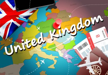 Amerika Birleşik Devletleri seyahat kavramı harita arka plan ile uçak biletleri. Amerika Birleşik Devletleri seyahat ve Turizm hedef kavramı ziyaret edin. İngiltere bayrak harita üzerinde. Uçak ve Londra, Glasgo İngiltere'de tatil için uçuşlar