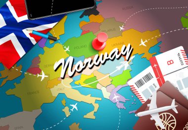 Norveç seyahat kavramı harita arka plan ile uçak biletleri. Norveç seyahat ve Turizm hedef kavramı ziyaret edin. Norveç bayrağı harita üzerinde. Uçak ve Oslo, Berge için Norveç tatil için uçuşlar