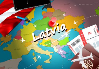 Latvia travel concept map background with planes, tickets. Visit Latvia travel and tourism destination concept. Latvia flag on map. Planes and flights to Latvian holidays to Riga,Jurmal clipart