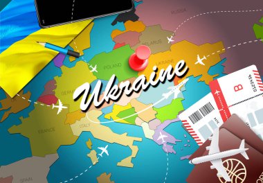 Ukraine travel concept map background with planes,tickets. Visit Ukraine travel and tourism destination concept. Ukraine flag on map. Planes and flights to Ukrainian holidays to Kiev,Odess clipart