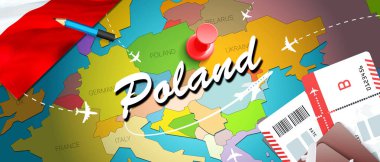 Polonya seyahat kavramı harita arka plan ile uçak biletleri. Polonya seyahat ve Turizm hedef kavramı ziyaret edin. Harita Polonya bayrağı. Uçak ve Varşova, Kazimierz için Lehçe tatil için uçuşlar