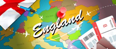İngiltere'ye seyahat kavramı harita arka plan ile uçak biletleri. İngiltere'ye seyahat ve Turizm hedef kavramı ziyaret edin. İngiltere bayrak harita üzerinde. Uçak ve İngilizce Liverpoo İngilizce tatil için uçuşlar