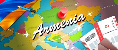 Ermenistan Seyahat kavramı harita arka plan ile uçak biletleri. Ermenistan Seyahat ve Turizm hedef kavramı ziyaret edin. Ermenistan bayrağı harita üzerinde. Uçak ve Erevan, Gumr için Ermeni tatil için uçuşlar