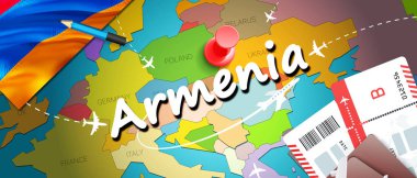Ermenistan Seyahat kavramı harita arka plan ile uçak biletleri. Ermenistan Seyahat ve Turizm hedef kavramı ziyaret edin. Ermenistan bayrağı harita üzerinde. Uçak ve Erevan, Gumr için Ermeni tatil için uçuşlar