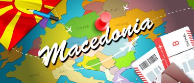 Makedonya seyahat kavramı harita arka plan ile uçak biletleri. Makedonya seyahat ve Turizm hedef kavramı ziyaret edin. Makedonya bayrak harita üzerinde. Uçak ve Üsküp, Ohri için Makedon tatil için uçuşlar