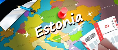 Estonya seyahat kavramı harita arka plan ile uçak biletleri. Estonya seyahat ve Turizm hedef kavramı ziyaret edin. Estonya bayrağı harita üzerinde. Uçak ve Tallinn, Tart için Estonya tatil için uçuşlar