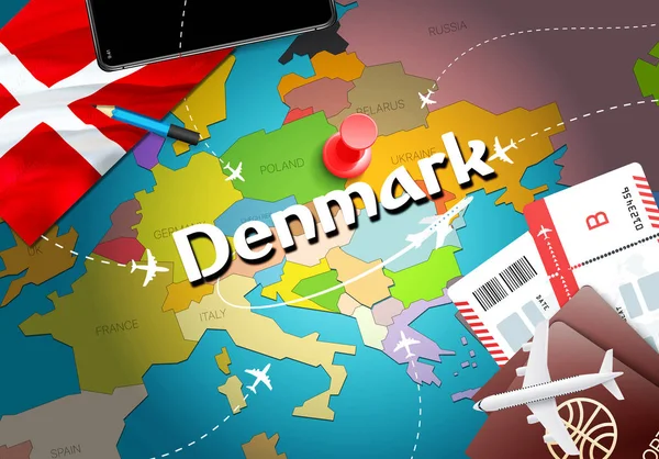 Dinamarca Mapa Concepto Viaje Fondo Con Aviones Billetes Visite Dinamarca — Foto de Stock