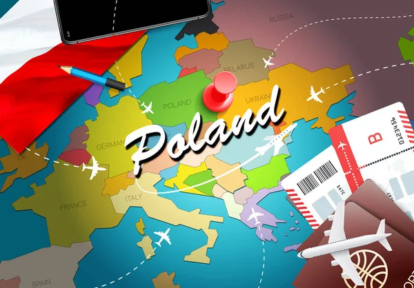 Polonia Mapa Concepto Viaje Fondo Con Aviones Billetes Visite Polonia — Foto de Stock