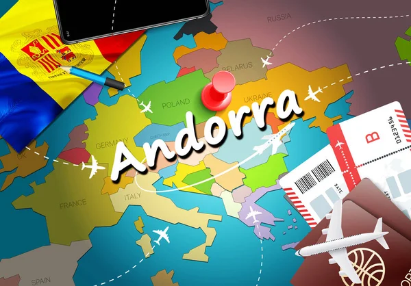 Andorra Mapa Conceito Viagem Fundo Com Aviões Bilhetes Visite Andorra — Fotografia de Stock