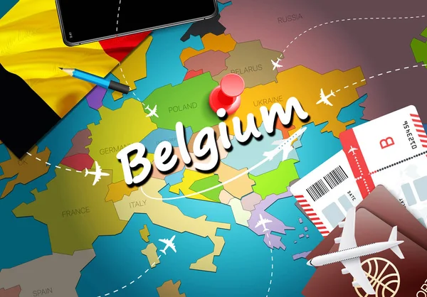 Belgio Concetto Viaggio Mappa Sfondo Con Aerei Biglietti Visitare Belgio — Foto Stock