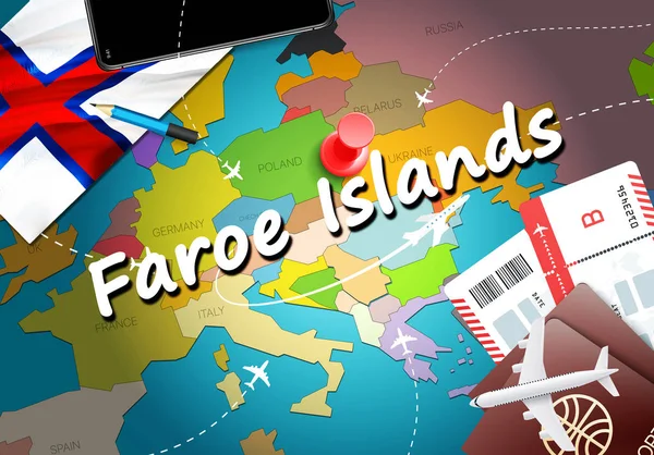 Faroe Islands travel concept map background with planes, tickets. Visit Faroe Islands travel and tourism destination concept. Faroe Islands flag on map. Planes and flights to Torshavn holidays to Klaksvi