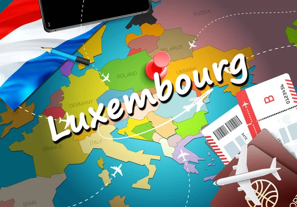 Luxembourg travel concept map background with planes, tickets. Visit Luxembourg travel and tourism destination concept. Luxembourg flag on map. Planes and flights to luxembourgish holidays to Esch-sur-Alzette,Dudelang