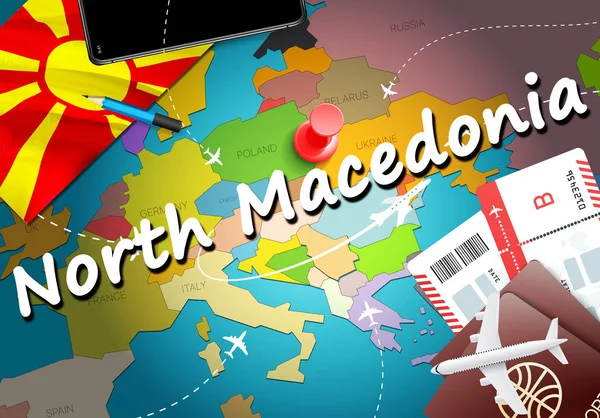 North Macedonia travel concept map background with planes, tickets. Visit North Macedonia travel and tourism destination concept. Macedonian flag on map. Planes and flights to Skopje,Ohri