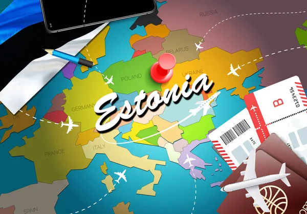 Estonia Mapa Concepto Viaje Fondo Con Aviones Billetes Visite Estonia — Foto de Stock