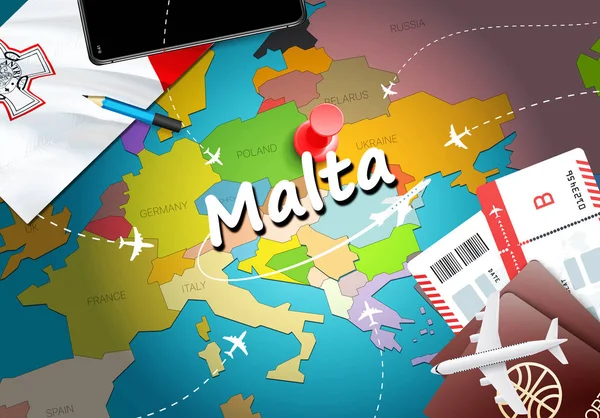 Malta travel concept map background with planes,tickets. Visit Malta travel and tourism destination concept. Malta flag on map. Planes and flights to Maltese holidays to Valletta,Cottoner