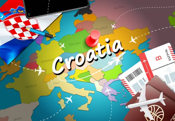 Hırvatistan seyahat kavramı harita arka plan ile uçak biletleri. Hırvatistan seyahat ve Turizm hedef kavramı ziyaret edin. Hırvatistan bayrağı harita üzerinde. Uçak ve Zagreb, bölünmüş için Hırvat tatil için uçuşlar