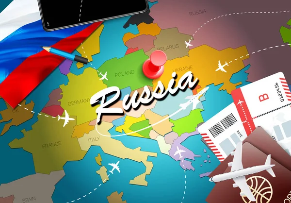 Rusia Mapa Concepto Viaje Fondo Con Aviones Billetes Visite Rusia — Foto de Stock