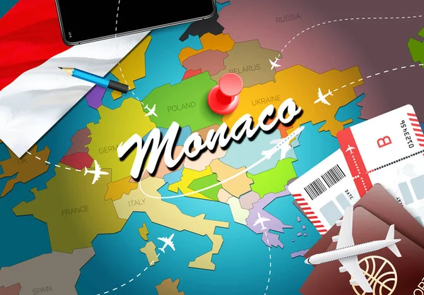 Mónaco Mapa Concepto Viaje Fondo Con Aviones Billetes Visita Concepto — Foto de Stock