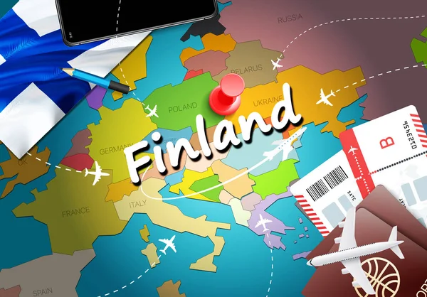 Finlandia Mapa Concepto Viaje Fondo Con Aviones Billetes Visite Finlandia — Foto de Stock