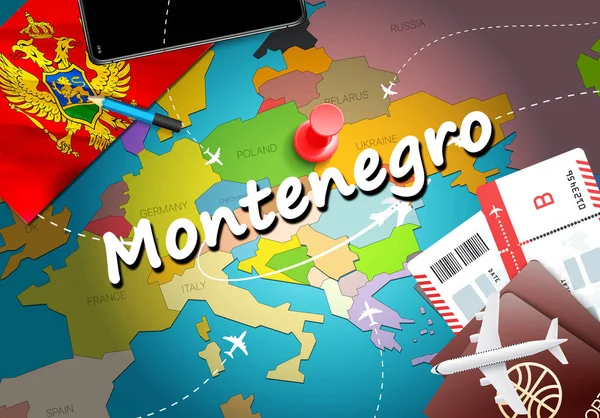 Montenegro Mapa Concepto Viaje Fondo Con Aviones Billetes Visita Montenegro — Foto de Stock