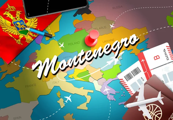 Montenegro Mapa Concepto Viaje Fondo Con Aviones Billetes Visita Montenegro — Foto de Stock