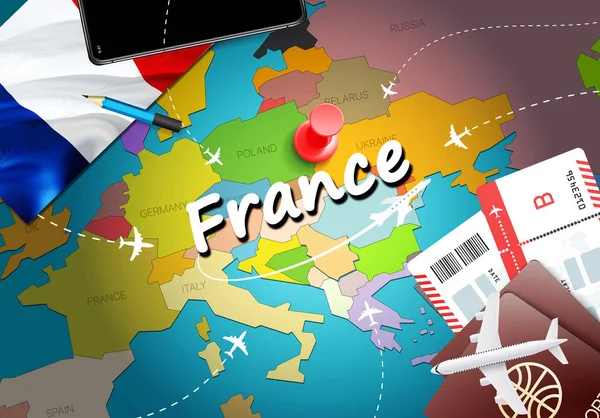 France travel concept map background with planes, tickets. Visit France travel and tourism destination concept. France flag on map. Planes and flights to French holidays to Paris,Marseill