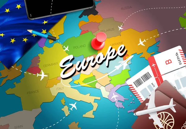 Europe travel concept map background with planes, tickets. Visit Europe travel and tourism destination concept. Europe flag on map. Planes and flights to European holidays to London,Berli