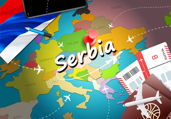 Serbia travel concept map background with planes,tickets. Visit Serbia travel and tourism destination concept. Serbia flag on map. Planes and flights to Serbian holidays to Belgrade,Novi Sa